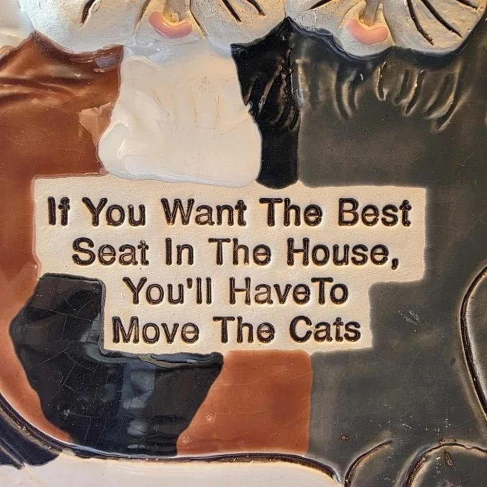 Vintage Green Eye Cats‎ Wall Plaque Humorous Quote Smokey Mountain Pottery 1993